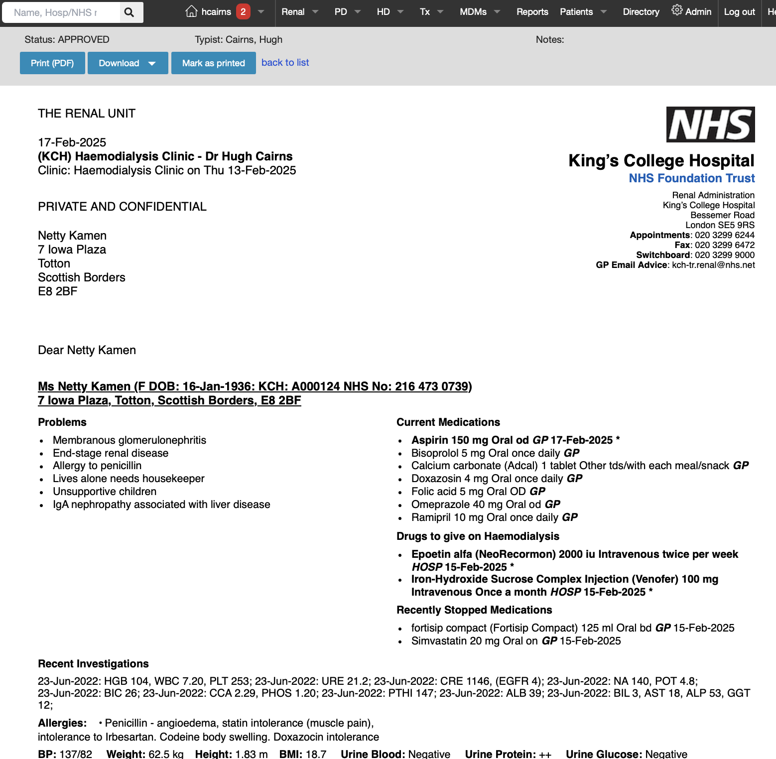 Print options for a Letter that has been Approved by its author